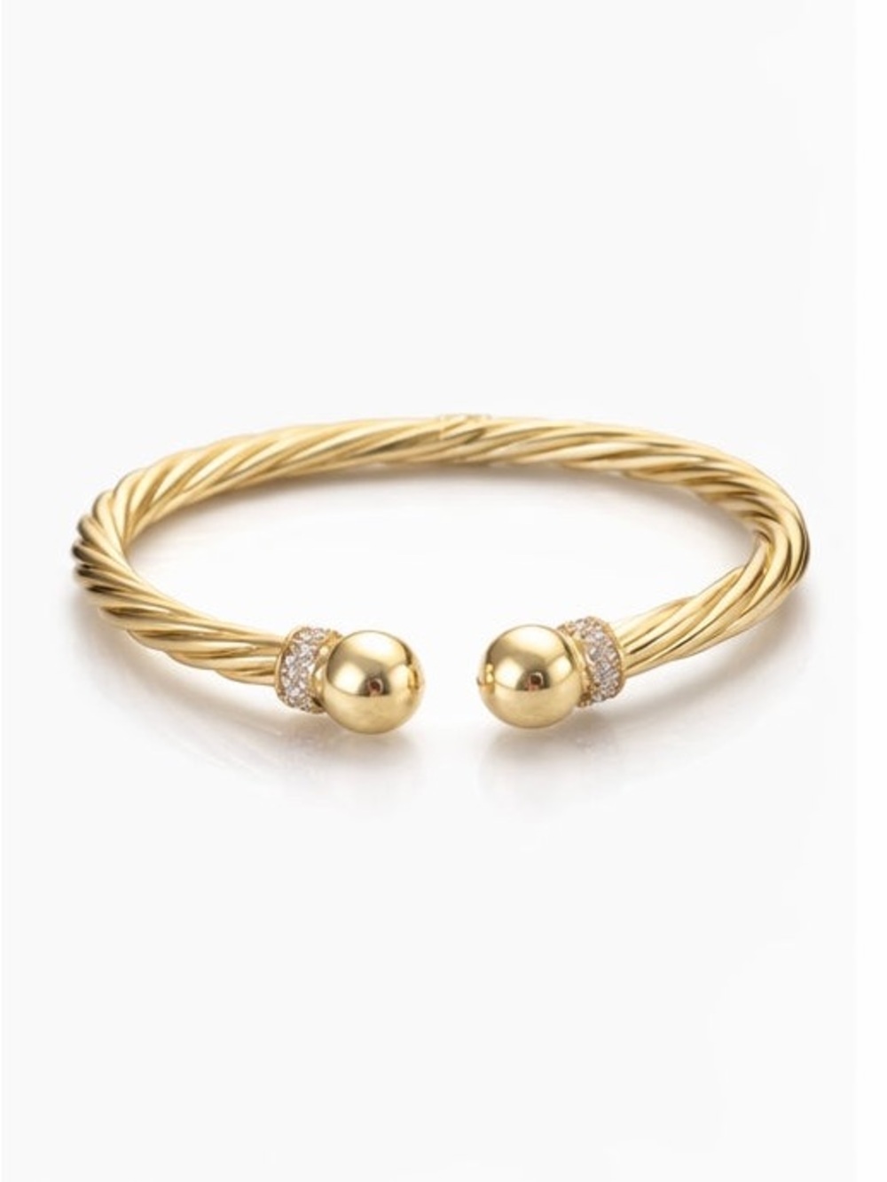18k solid Italian Gold Twisted Open Cuff Bracelet with Crystal Accents